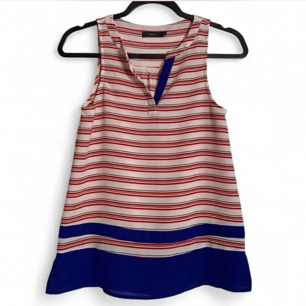 THML Nautical Striped Sleeveless Blouse Red Blue Split Neck XS